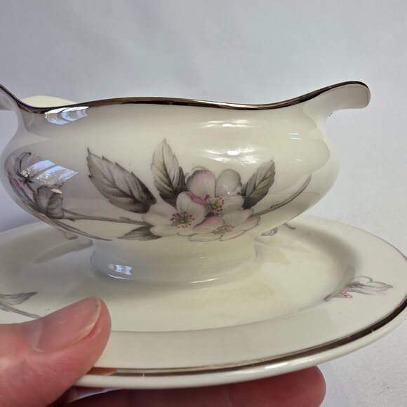 Manor House Spring Glory Gravy Boat & Underplate Pink & White Floral Gray Leaves - Picture 13 of 16